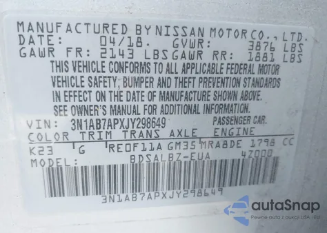 2018 Nissan Sentra S from USA, damaged, VIN 3N1AB7APXJY298649